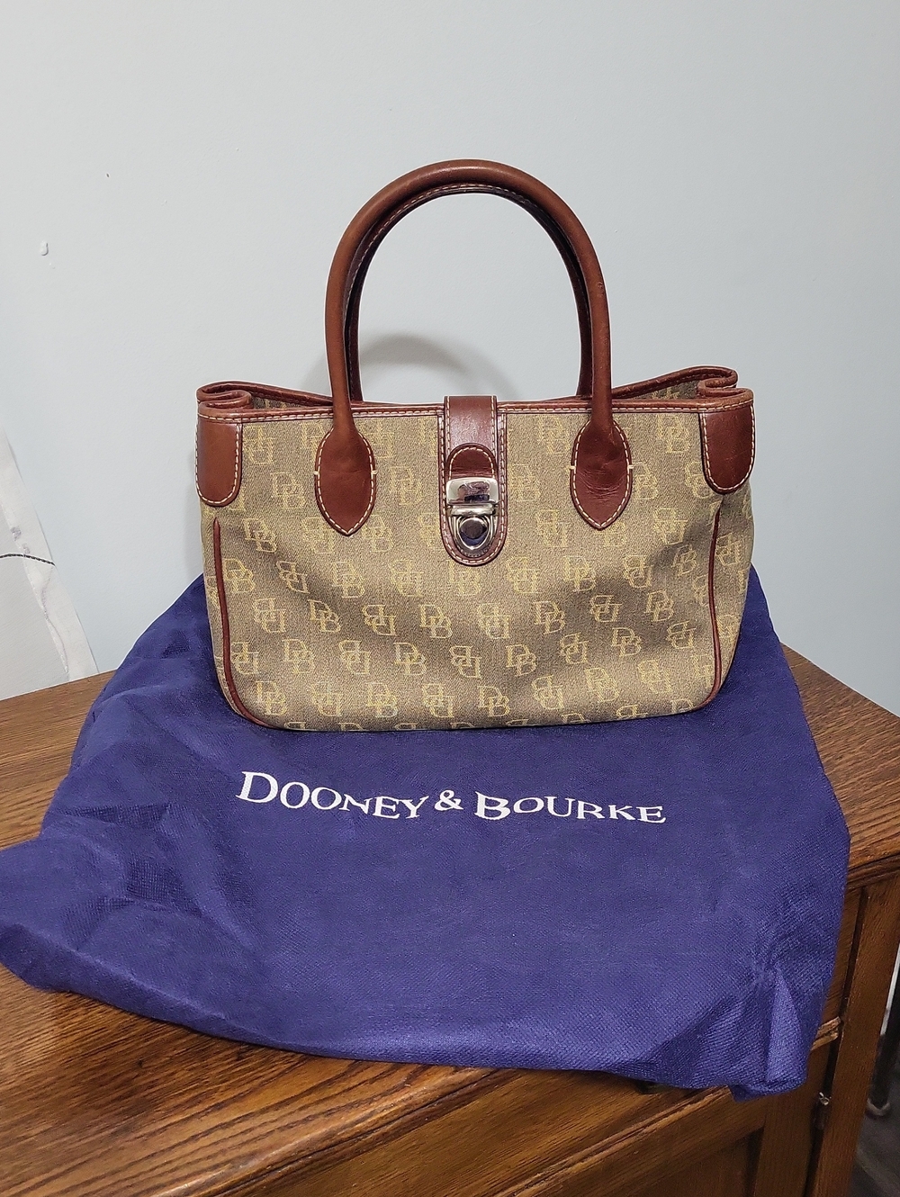 Dooney & Bourke Tan and Brown Signature Satchel With Branded Dust Bag